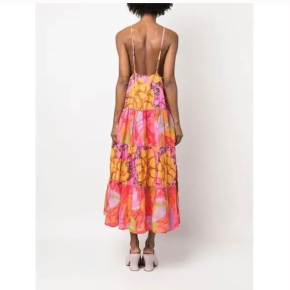 NWT Farm Rio Floral Tiered Midi Dress Pink Orange Cotton Size S - Picture 4 of 7